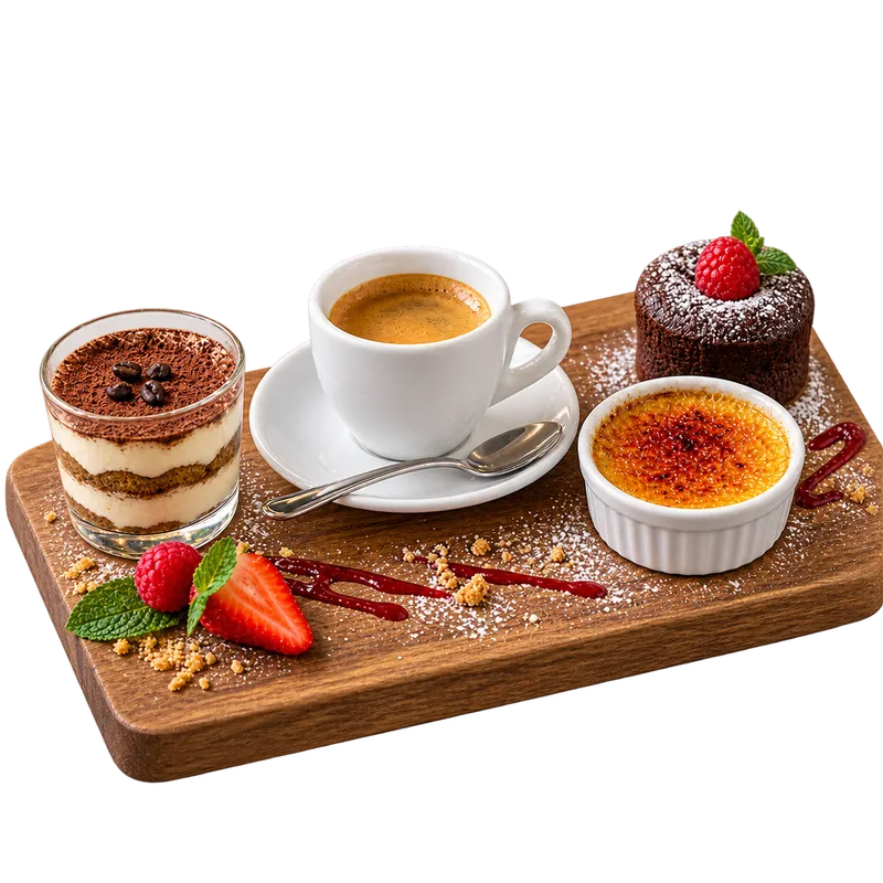 Café gourmand : expresso accompagné de mini desserts, tiramisu, crème brûlée et fondant au chocolat