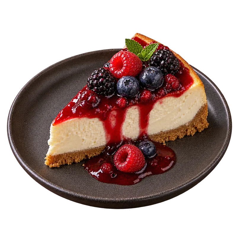Part de cheesecake nappée de coulis de fruits rouges et de baies fraîches