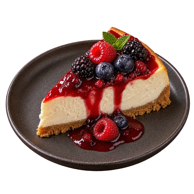 Part de cheesecake nappée de coulis de fruits rouges et de baies fraîches