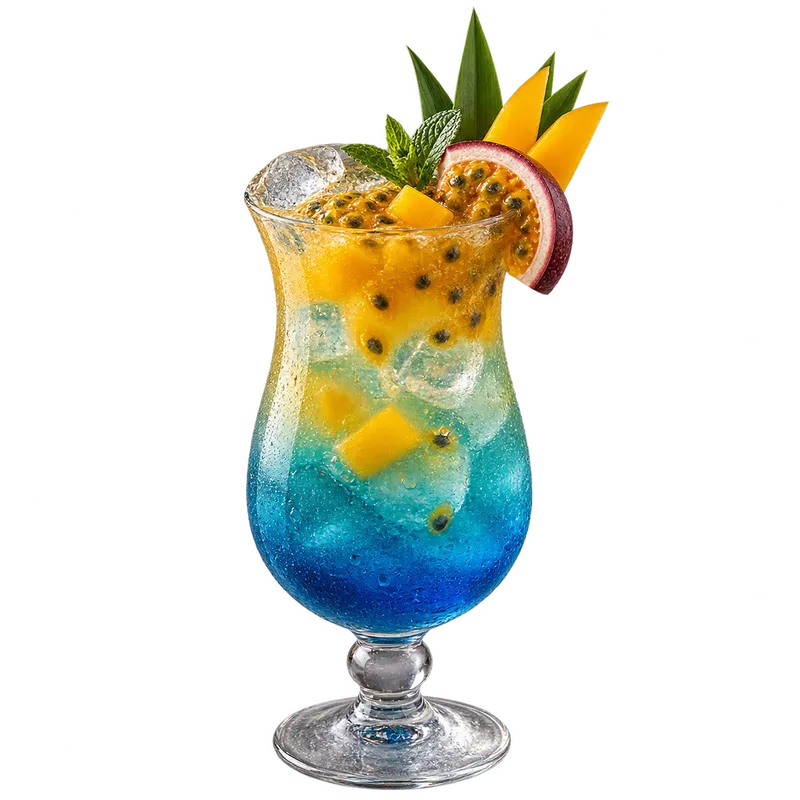 Mocktail Avatar bleu et jaune, garni de mangue et de fruit de la passion