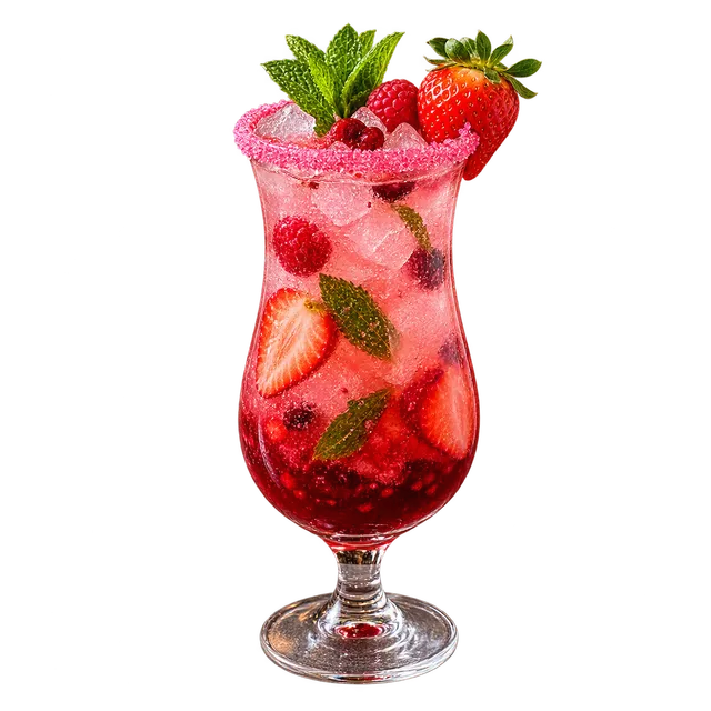Mocktail Barbie rose aux fruits rouges, bord du verre givré