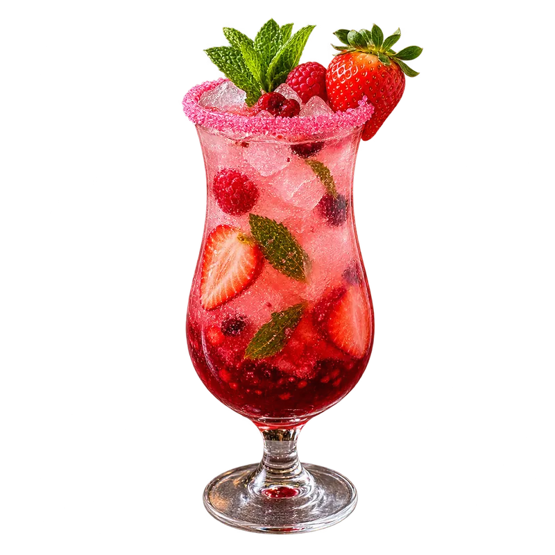Mocktail Barbie rose aux fruits rouges, bord du verre givré