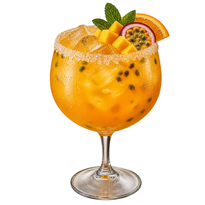 Mocktail Gold doré à la mangue et au fruit de la passion, bord du verre sucré