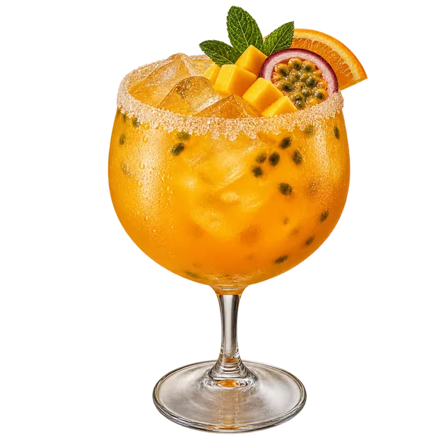 Mocktail Gold doré à la mangue et au fruit de la passion, bord du verre sucré