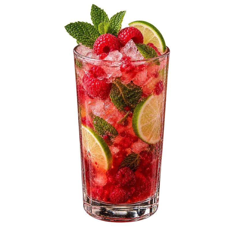 Mojito framboise sans alcool avec menthe, citron vert et glace pilée