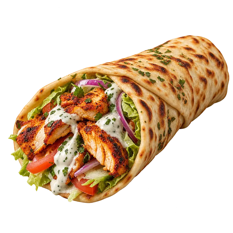 Naan roulé garni de poulet grillé, de crudités et de sauce blanche