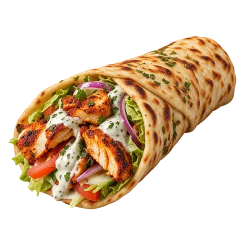 Naan roulé garni de poulet grillé, de crudités et de sauce blanche