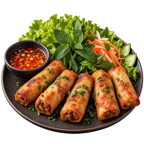 Nems dorés servis avec salade, menthe et sauce pimentée