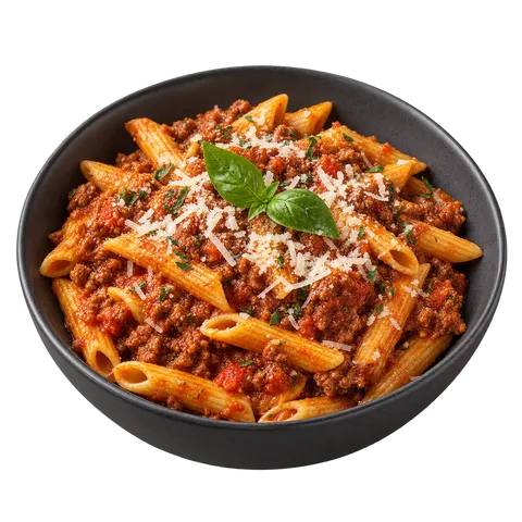 Penne à la sauce bolognaise, parmesan râpé et feuille de basilic, dans un bol noir