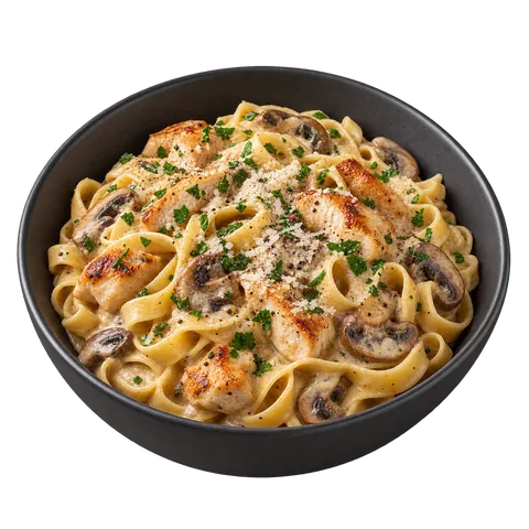 Tagliatelles au poulet, sauce crème et champignons, dans un bol noir