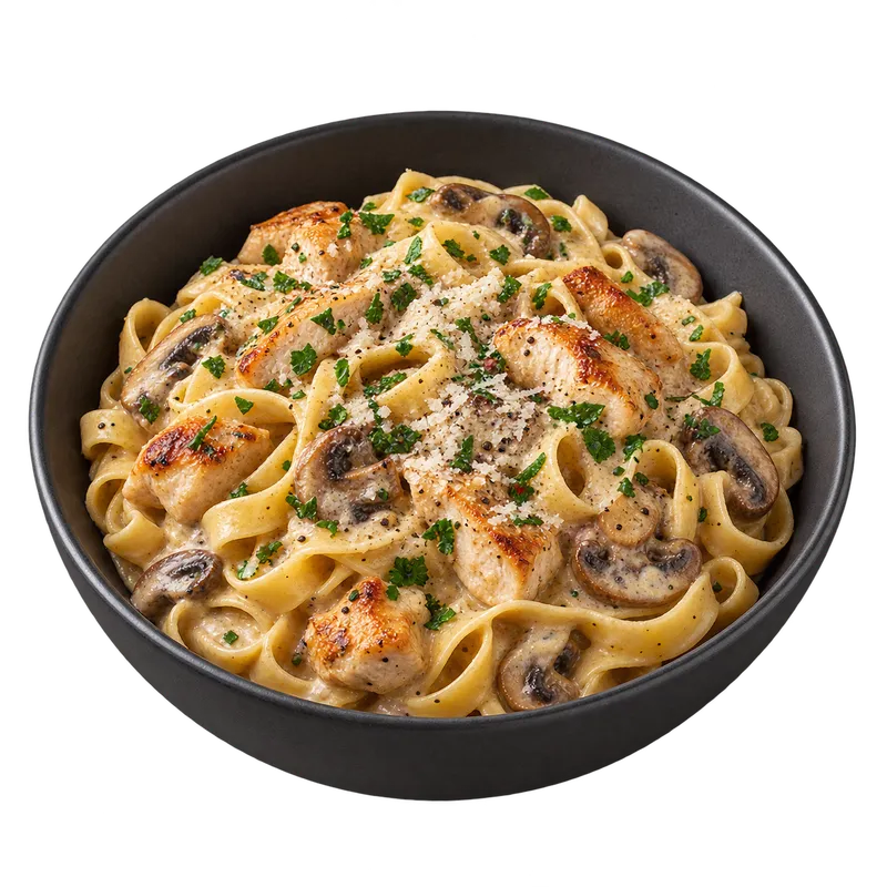 Tagliatelles au poulet, sauce crème et champignons, dans un bol noir