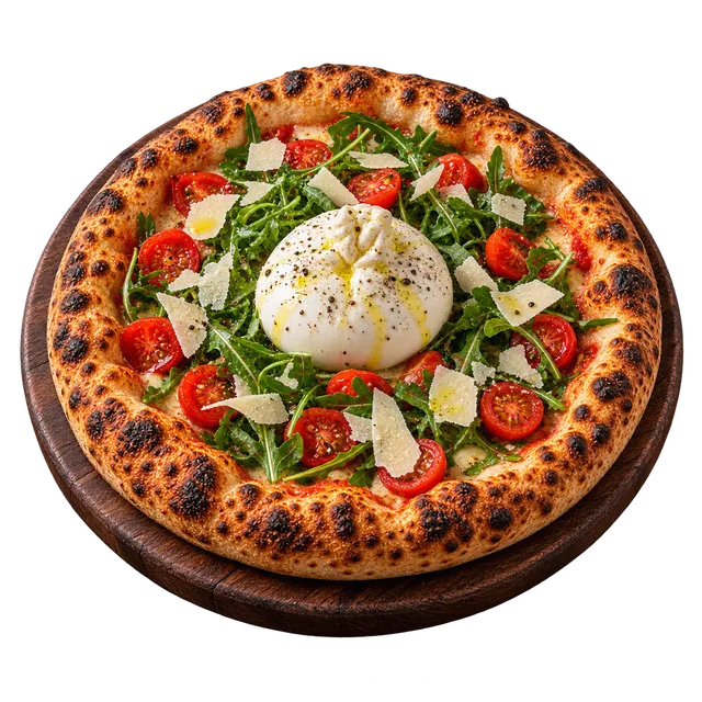 Pizza burrata garnie de roquette et de tomates cerises