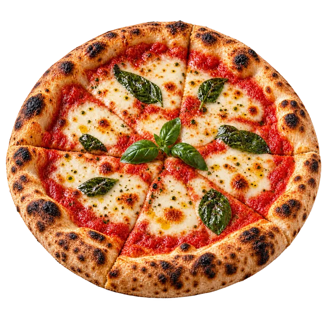 Pizza margherita à la mozzarella, sauce tomate et basilic frais