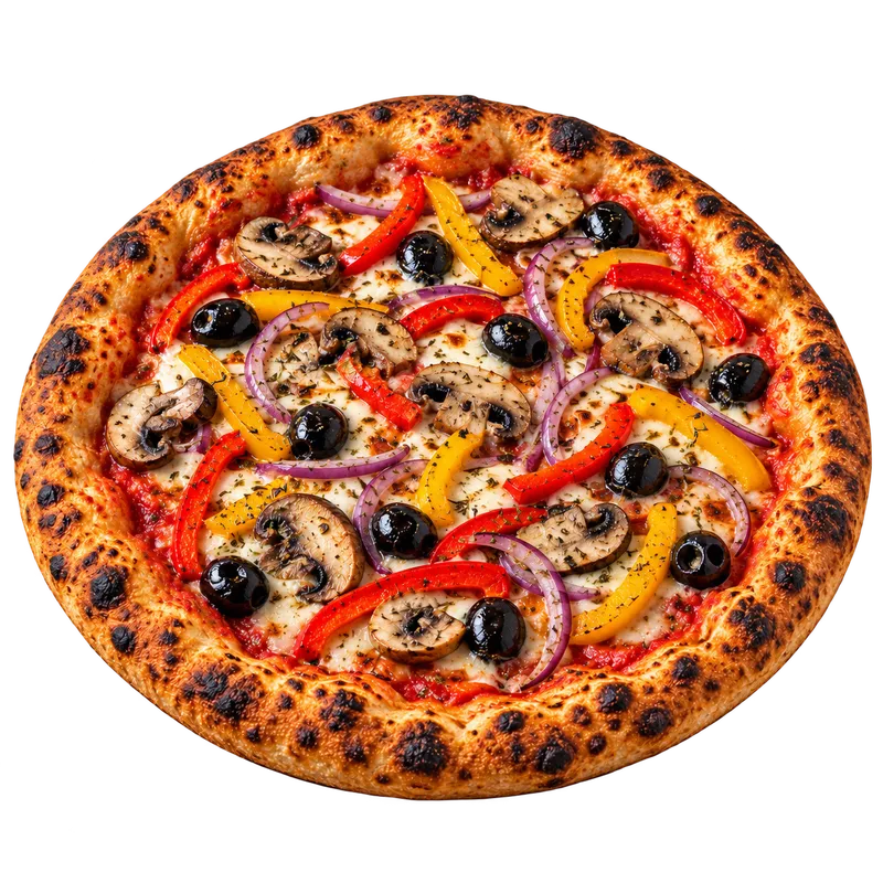 Pizza végétarienne aux poivrons, champignons, oignons rouges et olives noires