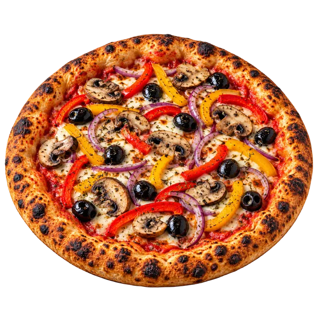 Pizza végétarienne aux poivrons, champignons, oignons rouges et olives noires