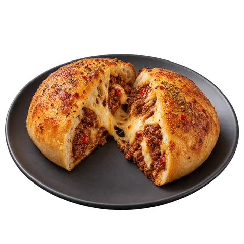 Riva's Bomba : pain rond doré ouvert en deux, garni de viande hachée et de fromage fondu