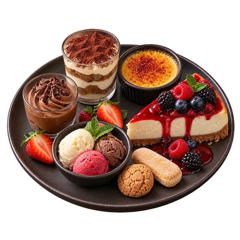 Riva's Gourmand : assiette de mini desserts, tiramisu, crème brûlée, mousse au chocolat, cheesecake aux fruits rouges, boules de glace et biscuits