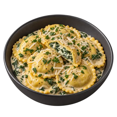 Raviolis aux épinards et au fromage nappés de sauce crémeuse et parsemés d’herbes