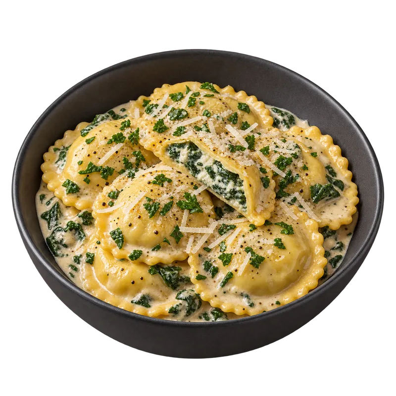 Raviolis aux épinards et au fromage nappés de sauce crémeuse et parsemés d’herbes