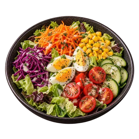 Salade printemps aux crudités, œuf dur, maïs, tomates cerises et concombre