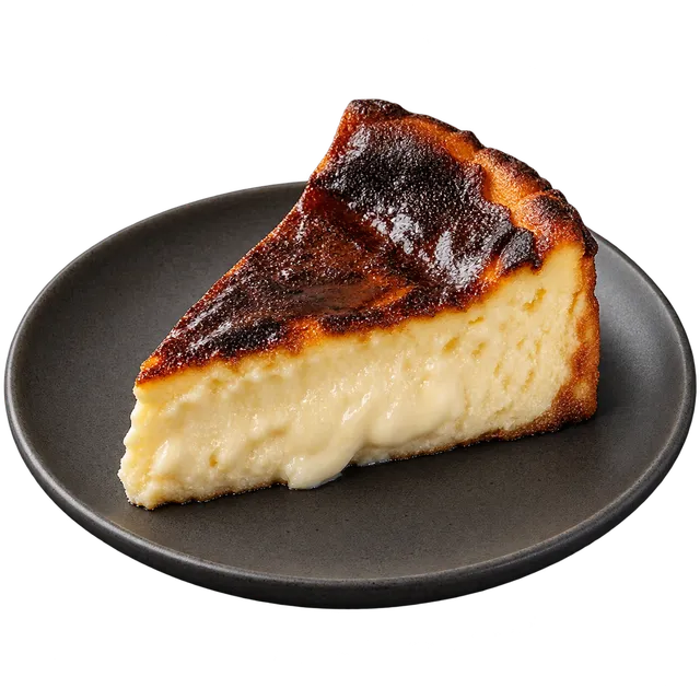 Part de cheesecake San Sebastian à la surface caramélisée