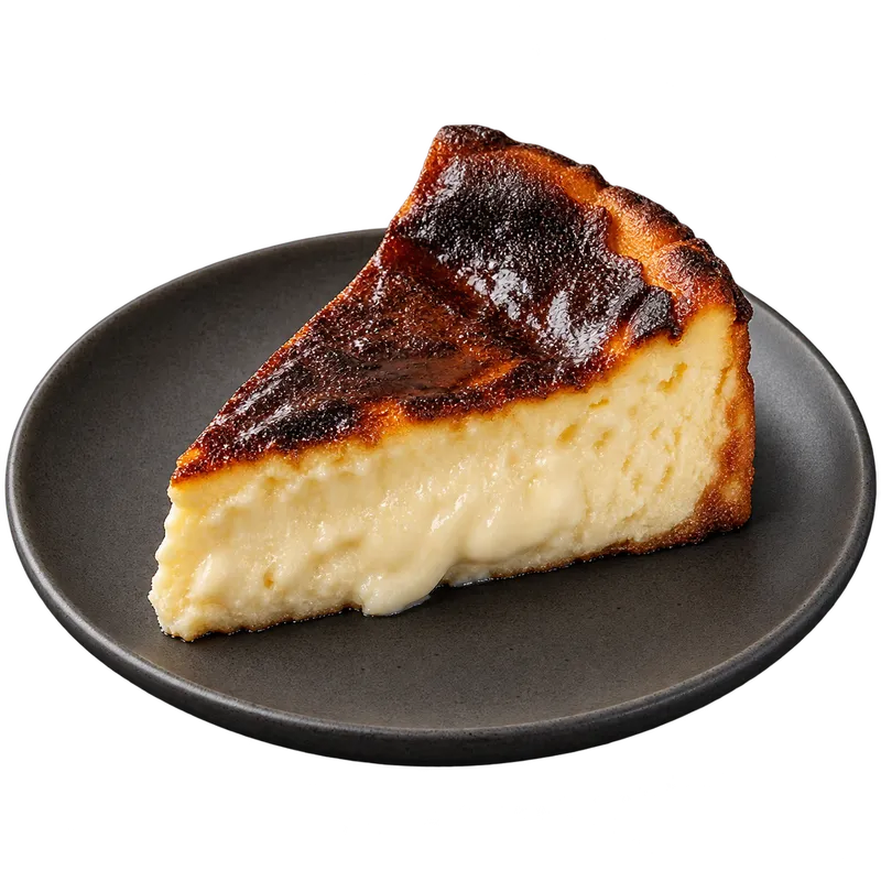 Part de cheesecake San Sebastian à la surface caramélisée