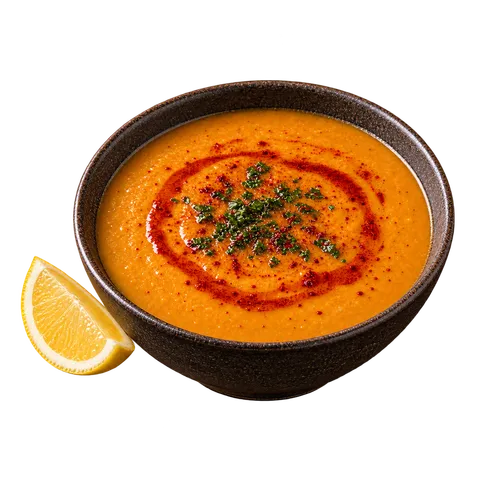 Soupe de lentilles corail dans un bol, filet d’huile pimentée et herbes, avec un quartier de citron