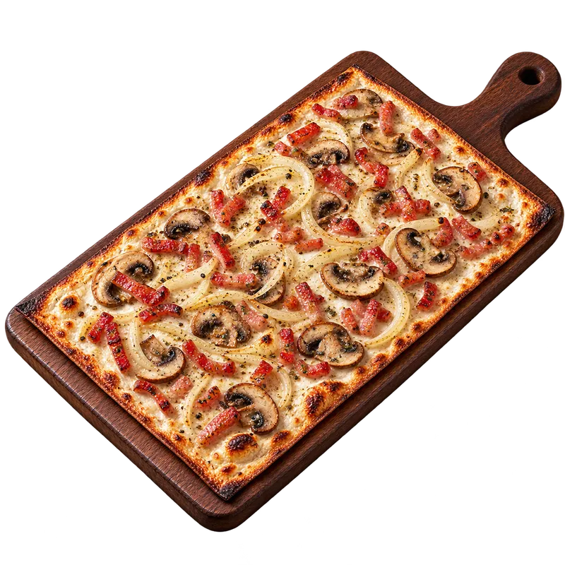 Tarte flambée forestière aux champignons, lardons et oignons