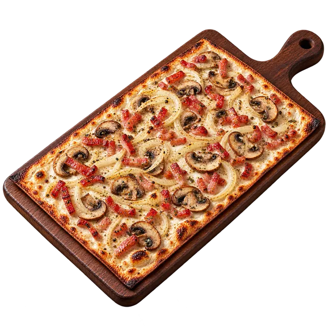 Tarte flambée forestière aux champignons, lardons et oignons