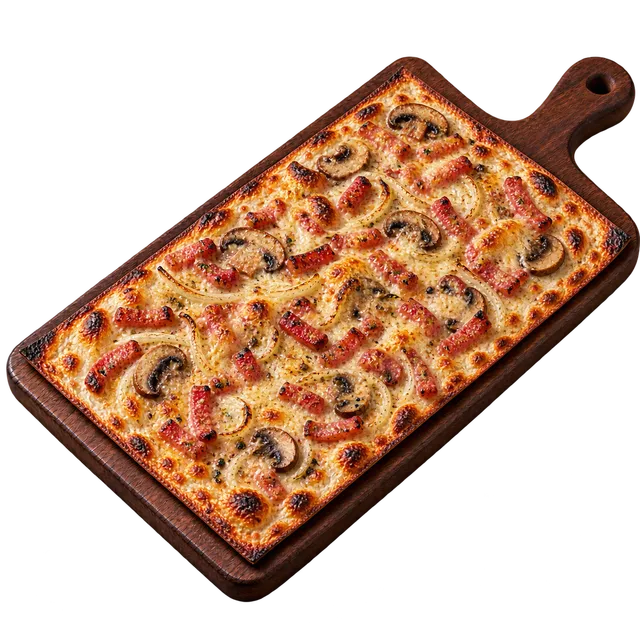 Tarte flambée gratinée forestière au fromage, champignons et lardons, sur une planche en bois