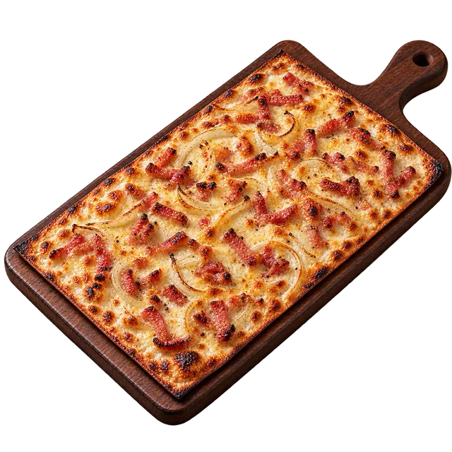 Tarte flambée gratinée au fromage, avec lardons et oignons