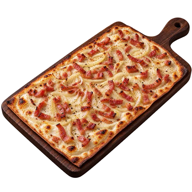 Tarte flambée traditionnelle aux lardons et aux oignons