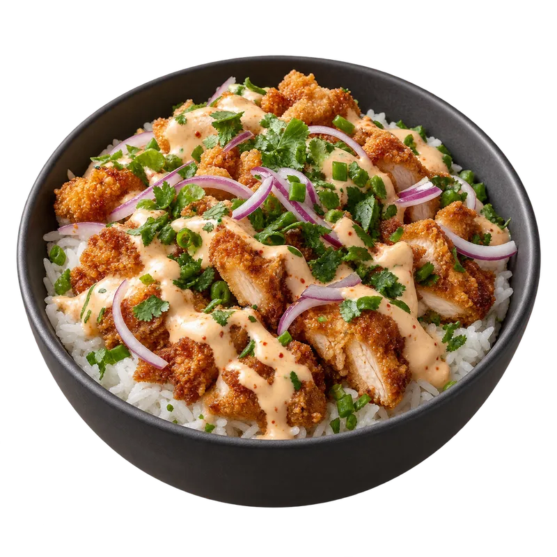 Tasty Crousty : poulet croustillant sur riz, sauce crémeuse, oignons rouges et herbes