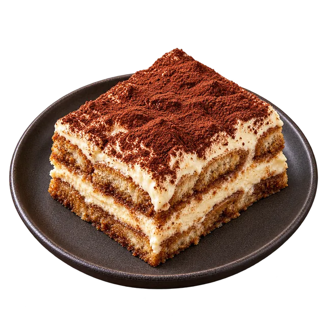 Part de tiramisu saupoudrée de cacao